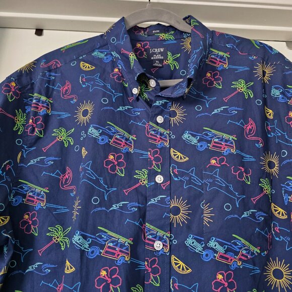 J Crew Men's XL Slim Fit Flex Washed Navy Hawaiian Shirt Woody Shark Palm Tree - Picture 2 of 7